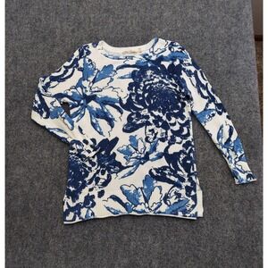 Soft Surroundings Sweater Womens Petite Medium‎ Blue White Floral Waffle Knit
